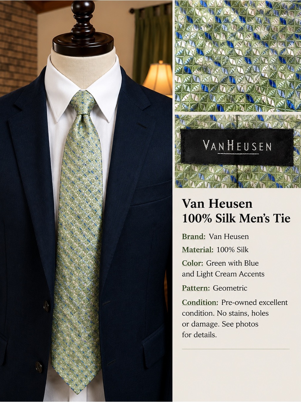 Van Heusen Green Geometric Silk Tie with Blue and Cream Accents